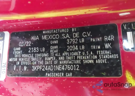 2022 Kia Forte Lxs z USA, uszkodzony, nr VIN 3KPF24AD1NE476012